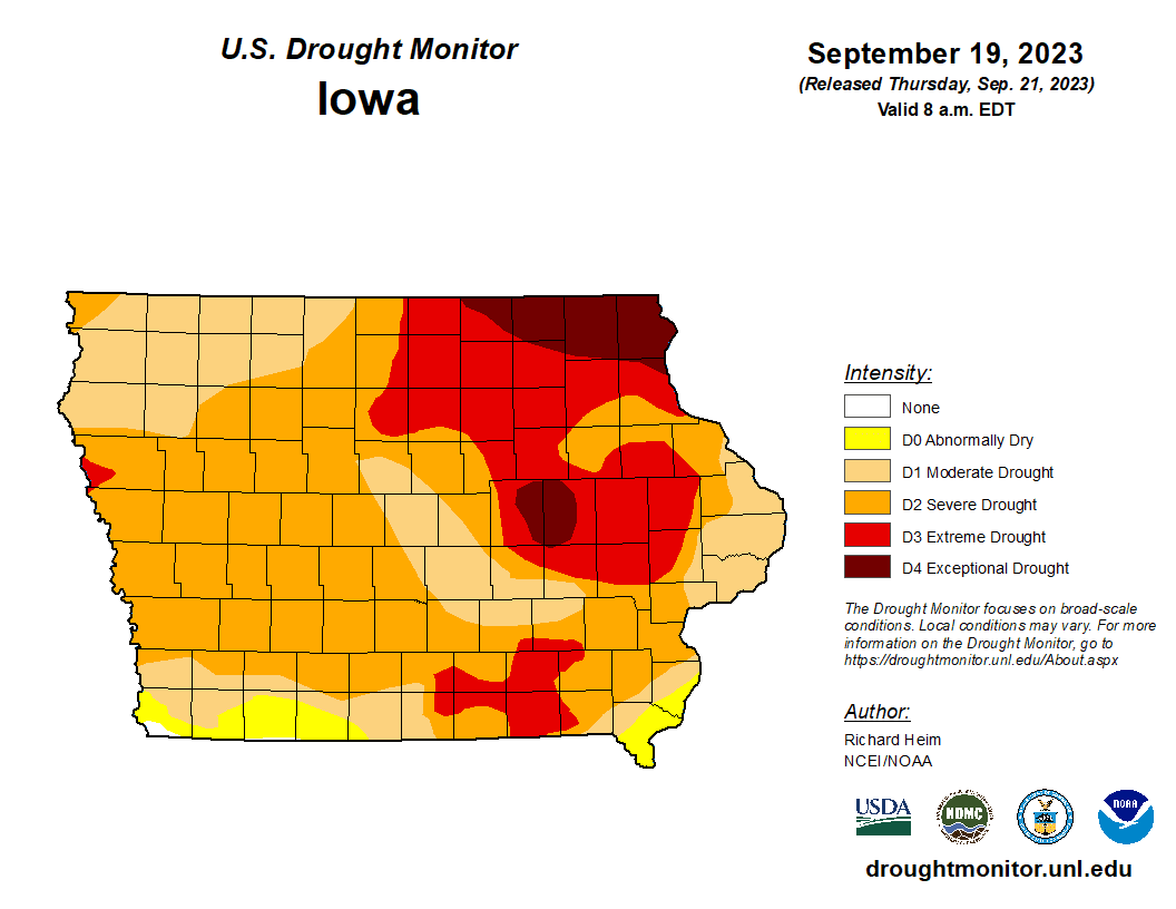 U.S.Drought Monitor map for September 19, 2023, showing levels of drought across Iowa, with most of northeast Iowa in extreme or exceptional drought.